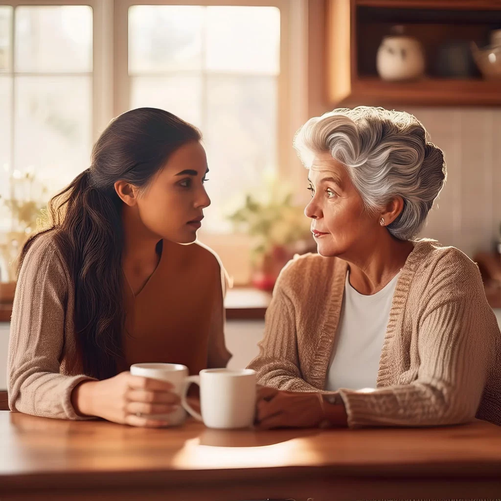 young adult calmly talking to an anxious parent at a kitchen table, illustrating setting boundaries and managing anxiety in family conversations.